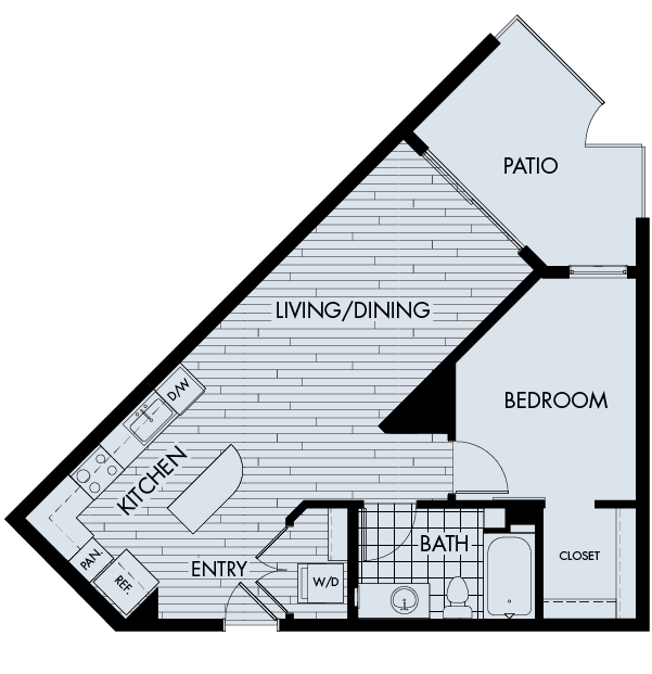 Floor plan for 1 bed, 1 bath, 671 sqft